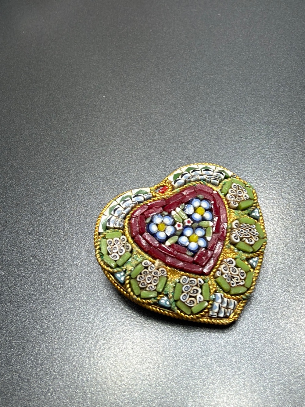 Vintage Large Heart Mosaic Brooch Green, Red, Blue Floral #11MO